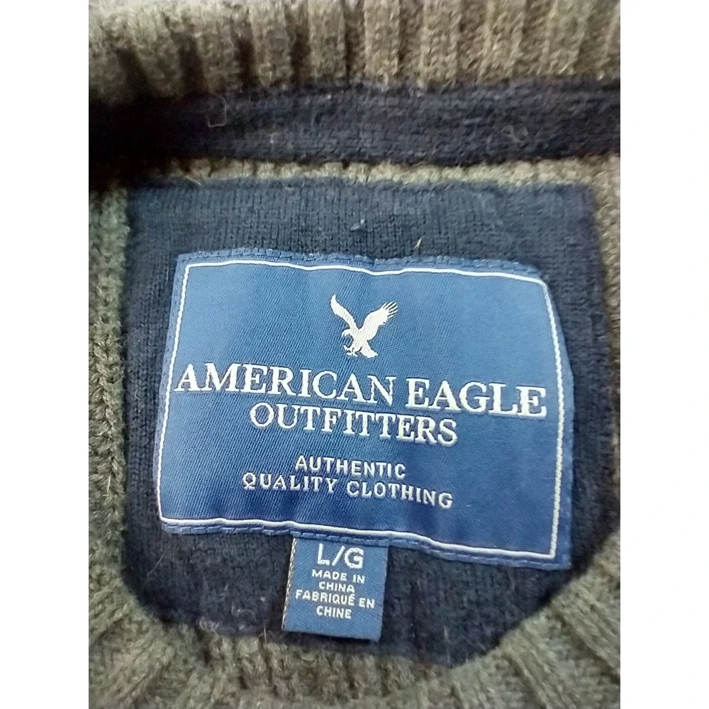 American Eagle Sweater Mens Large Grey Ribbed Knit Cotton Wool Crew Neck